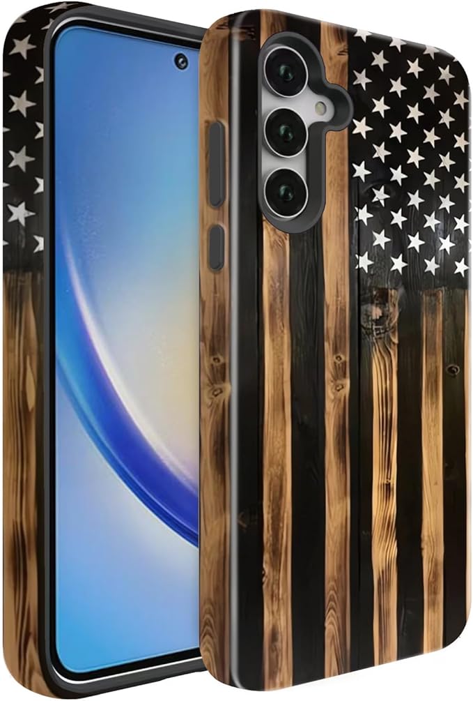 Compatible for Samsung Galaxy A56 5G Case, Dual Layer Heavy Duty 2 in 1 Shockproof Protective Phone Case,Burnt Wood American Flag