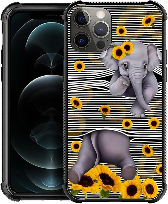 for iPhone 11 Pro Max Case, Cute Little Elephant Sunflower White Line Art Pattern Graphic Design Girl Boy Soft Silicone Hard Acrylic Shock Protection for iPhone 11 Pro Max
