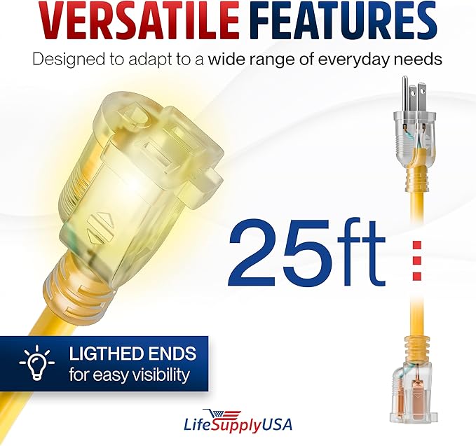 25ft Outdoor/Indoor Extension Cord 14/3 Gauge Heavy Duty 3 Prong SJTW, Waterproof, Flexible Cold-Resistant Long Power Cord,15A 125V 1625 W, Yellow by LifeSupplyUSA