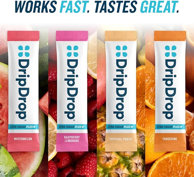 DripDrop Zero Sugar Plus - Sugar Free Hydration Packets - Single Serve Electrolytes Powder Drink Mix - Raspberry Lemonade, Watermelon, Tangerine, Tropical Punch - Non-GMO, Vegan- 8 Sticks