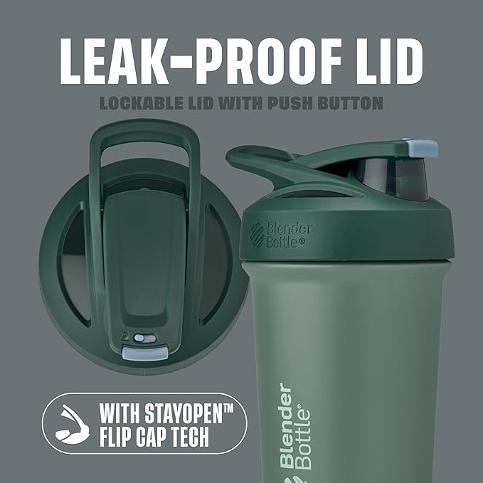 BlenderBottle Sport Sleek Shaker Cup Insulated Stainless Steel Water Bottle with Wire Whisk, 25-Ounce, (Green) Seaglass