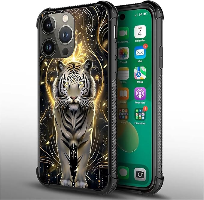 for iPhone 13 Pro Case, White Tiger Golden Mystery Pattern Graphic Design Girl Boy Soft Silicone Hard Acrylic Shock Protection for iPhone 13 Pro