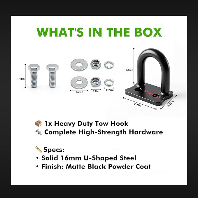 Front Tow Hook Tow Loop Compatible with Polaris RZR 900S 1000S 1000XP General – Heavy Duty 16mm Steel Recovery Hook, Black Powder Coated, Easy Bolt-On Installation