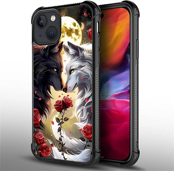 for iPhone 15 Plus Case, Black White Wolf Moon Flower Rose Pattern Made of Soft Silicone Hard Acrylic Shock Protection for iPhone 15 Plus