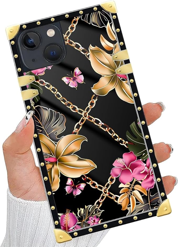 Compatible with iPhone 14 Case, Pink Golden Chain Tropical Flower Luxury Golden Decoration for Girl Women Soft TPU Shockproof Protective Hard PC Back for iPhone 14