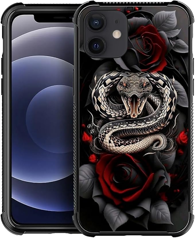 for iPhone 12/12 Pro Case, Entwined Rose Snake Pattern Graphic Design Girl Boy Soft Silicone Hard Acrylic Shock Protection for iPhone 12/12 Pro