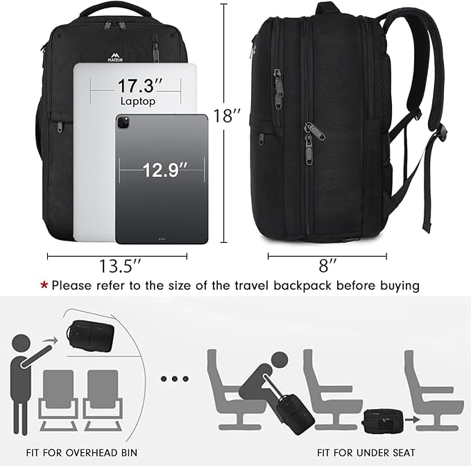 MATEIN Carry on Backpack, 40L Flight Approved Large Travel Laptop Backpack, 17 Inch Water Resistant Luggage Computer Daypack College Weekender Overnight Bag for Men & Women, Black
