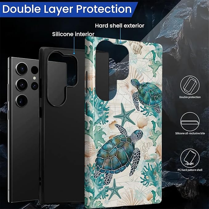 for Samsung Galaxy S24 Ultra Case,HL2 Ocean Sea Turtle Nautical Map Hybrid 2 Layer Hard Shell Silicone Protective Pattern Design Case