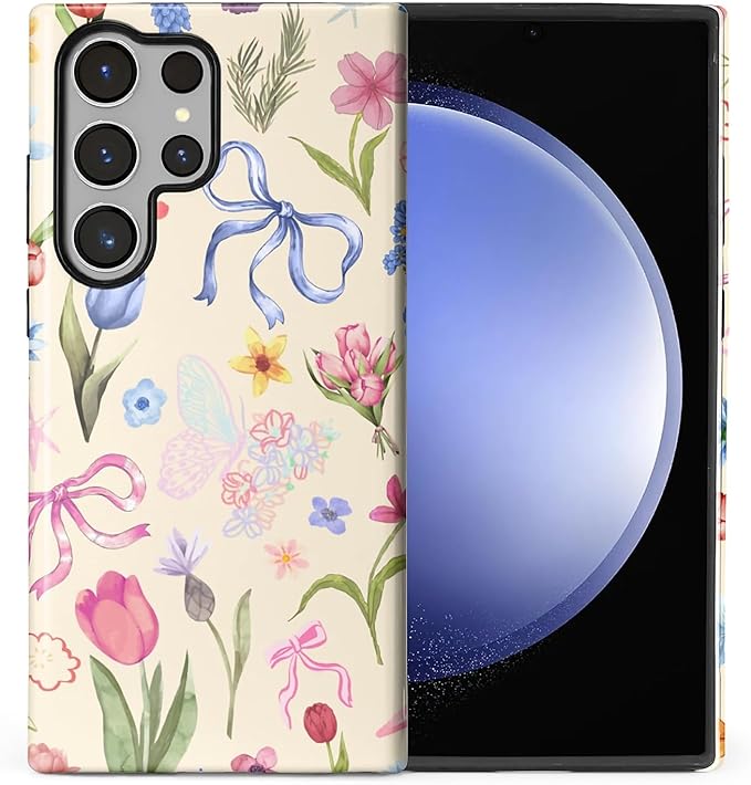 for Samsung Galaxy S24 Ultra Case,HL2 Aesthetic Flower Preppy Collage Hybrid 2 Layer Hard Shell Silicone Protective Pattern Design Case