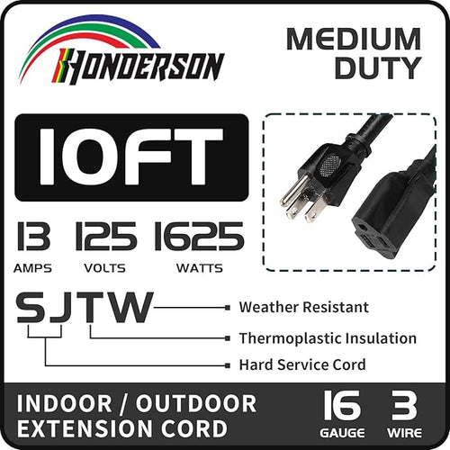 10FT Outdoor Extension Cord-16/3 SJTW Durable Black Extension Cord for Christmas Lights with 3 Prong Grounded Plug for Safety,Great for Outside Christmas Decorations