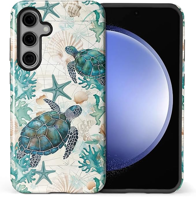 for Samsung Galaxy S24 Plus Case,HL2 Ocean Sea Turtle Nautical Map Hybrid 2 Layer Hard Shell Silicone Protective Pattern Design Case