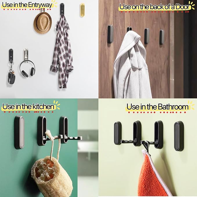 4 Pack Folding Wall Hooks, Foldable Black Coat Hooks for Bathroom, Entryway - Strong Hold for Towels, Robes, Hats, Bags, Keys - Solid Metal Wall Mounted Hooks with Screws