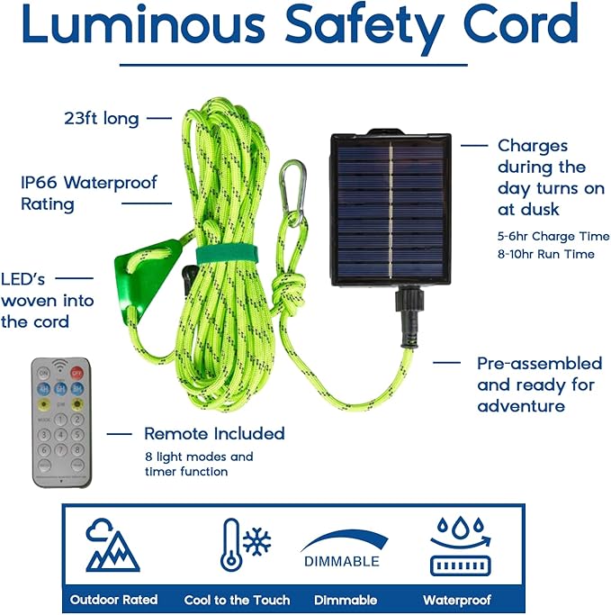 Solar Luminous Paracord Rope, 23ft Solar-Powered Green Glow Rope with Remote, 8 Lighting Modes + Timer, 500 mAh Battery, IP66 Waterproof for Outdoor Camping