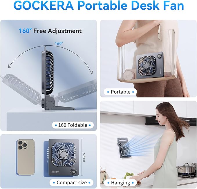 GOCKERA Desk Fan, 6.61''Ultra-thin 5000mAh Battery Powered Fan with Powerful Wind,100 Speeds Adjustable&Digital Display,Timer,Ultra-quiet Small Portable Fan for Bedroom,Office,Travel,Summer Essentials