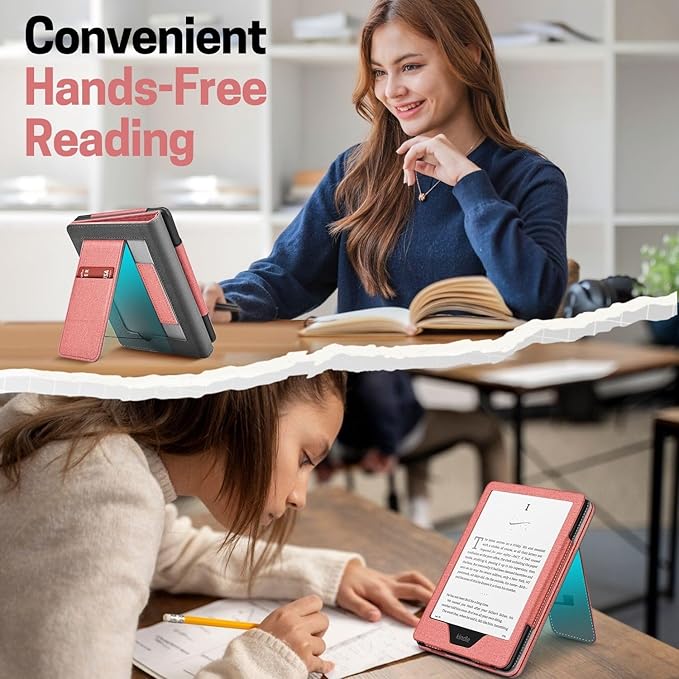 TNP Stand Case with Strap for Kindle Paperwhite 12th Gen 2024 / Kindle Colorsoft Signature Edition - 7" PU Leather Protective Folio Cover with Auto Wake/Sleep & Card Slot, Pink