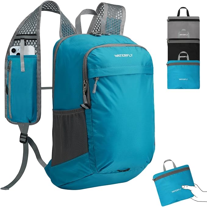 WATERFLY Packable Lightweight Small Backpack: 15L Foldable Mini Hiking Daypack - Ultralight Compact Day Pack for Women Men Outdoor Travel Camping Walking - Blue