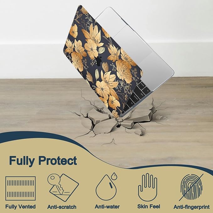 Case for New MacBook Pro 16 inch M4 M3 M2 M1 Pro/Max 2025-2021 Release (Model A2485 A2780 A2991 A3186 A3403),Snap Case Protective Laptop Cover & Keyboard Cover,Blue Gold Floral
