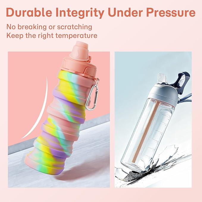 Collapsible Water Bottles for Travel, Foldable Sports Water Bottle for Kids, Reusable Water-proof Silicone Water Bottles with mountaineering Buckle for Camping Hiking Holiday