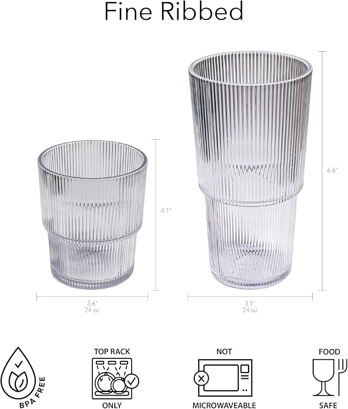 Fine Ribbed 22 oz Durable Acrylic Jumbo Drinking Glasses, Shatter-Resistant and Dishwasher-Safe Indoor/Outdoor Drinkware for Water, Iced Tea, Juice, and Cocktails - Clear - Set of 6