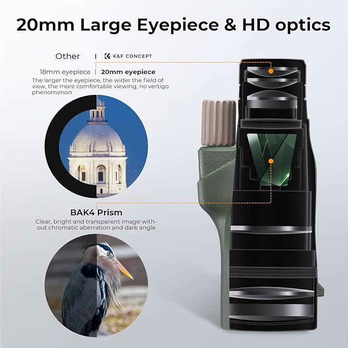 K&F Concept® 12X50 Monocular Telescope with Cleaning Cloth, FMC Lens & BAK4 Prism Telescopes for Adults, Sky Captain HD Monocular for Bird Watching Hunting Hiking Camping Travelling