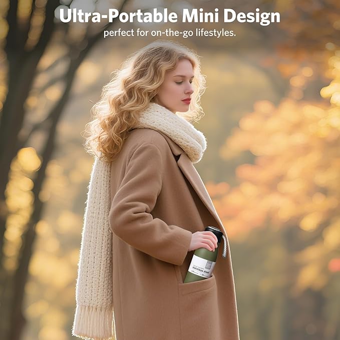 Small Water Bottle 12 oz, Dusgut Insulated Water Bottle, Stainless Steel, Wide Mouth Portable Lid, Army Green