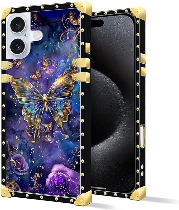 Compatible with iPhone 16 Plus Case, Glistening Golden Butterfly Vibrant Purple Blue Luxury Golden Decoration for Girl Women Soft TPU Shockproof Protective Hard PC Back