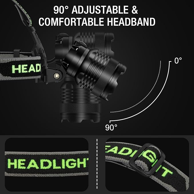 1Pack Rechargeable Headlamp Super Bright, 99000 Lumens LED Head Lamp with 3 Modes, 90°Angle & Adjustable Focus Head Lights for Forehead, IPX6 Waterproof HeadLamps for Adults Camping Hiking