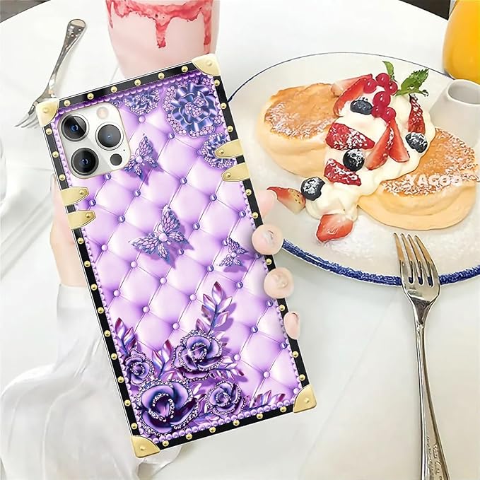 Compatible with iPhone 12 Pro Max Case, Purple Butterfly Flowers Leaf Luxury Golden Decoration for Girl Women Soft TPU Shockproof Protective Hard PC Back for iPhone 12 Pro Max