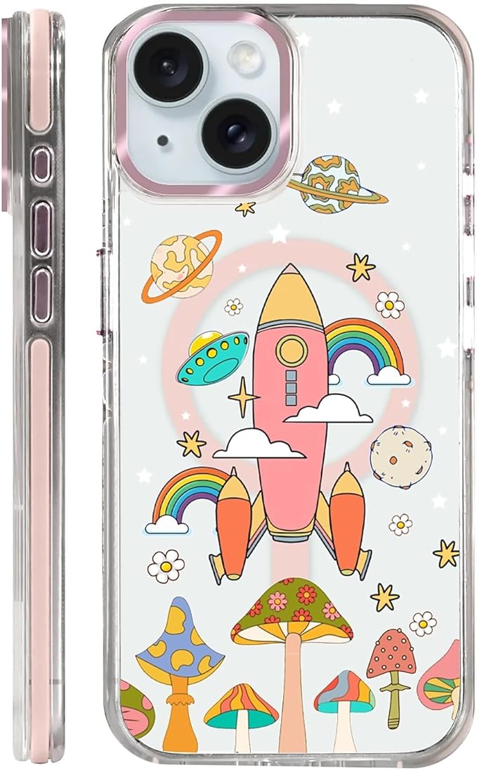 Case for iPhone 14 Plus/15 Plus,[Compatible with MagSafe],Spaceship Mushroom Phone Case Design，for Women Girls Magnetic Clear Cover - Slim, Sleek, & Shockproof Protection