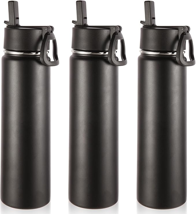 Volhoply 24oz Insulated Water Bottle With Straw Bulk 3 Pack,Metal Wide Mouth Water Bottles With Handle Lid Keep Cold,Reusable Double Wall Cups,Powder Coated Sport Bottle For Holder(Black,3 Count)