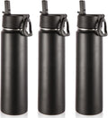 Volhoply 24oz Insulated Water Bottle With Straw Bulk 3 Pack,Metal Wide Mouth Water Bottles With Handle Lid Keep Cold,Reusable Double Wall Cups,Powder Coated Sport Bottle For Holder(Black,3 Count)