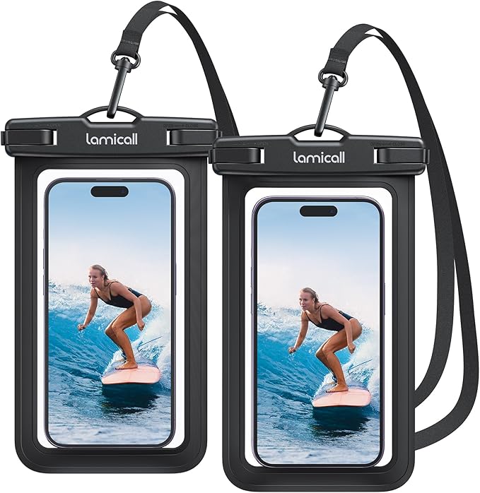 Lamicall 2Packs Waterproof Phone Pouch, Beach Bags, Vacation Essentials for Wemen Men, Cruise Essentials 2026, Gifts for Travel Beach Sandproof Ship Accessories, Black & Black