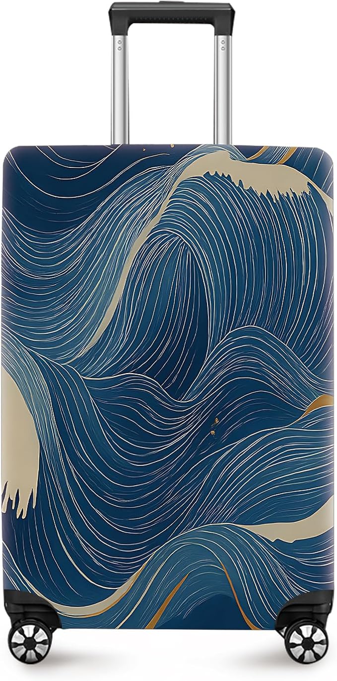 ANNA QUEEN Ocean Wave Luggage Cover, Elegant Blue Flow Line Design Suitcase Protector, Washable Stretchable Travel Sleeve for 24-26 Inch Luggage