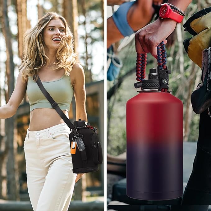 Large Insulated Water Bottles 1 Gallon - Water Jug with Strap Carrier Bag, Straw & Spout Lid, Paracord Handle, Bottle Boot, Big Metal Water Flask Stainless Steel Canteen, 128oz Insulated Water Bottle