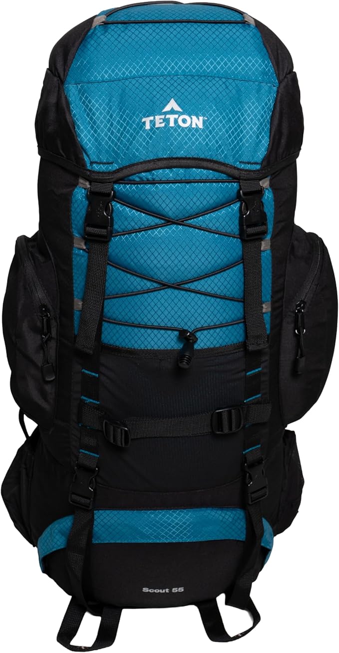 Teton 55L Scout Internal Frame Backpack for Hiking, Camping, Backpacking, Rain Cover Included, Pacific