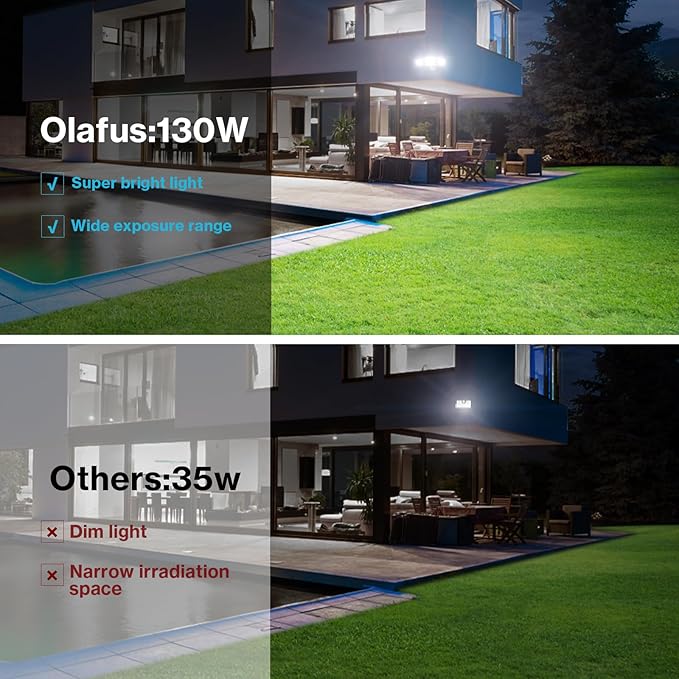 Olafus 130W Flood Lights Outdoor, 13000LM Super Bright LED Flood Light, IP65 Waterproof Outdoor Flood Light Fixture, 3 Adjustable Heads, 6500K Exterior Security Lights for Yard, Garage, Black