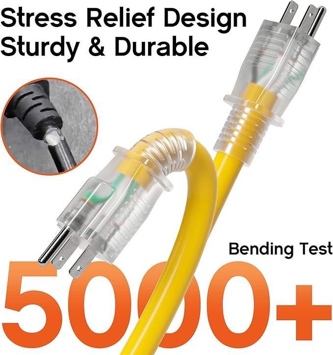 12 Gauge 150 FT Heavy Duty Outdoor Extension Cord Waterproof with Lighted End,Yellow12 Gauge Extension Cord Flexible and Cold Resistant 3 Prong Grounded Plug,15Amp 1875W SJTW ETL Listed