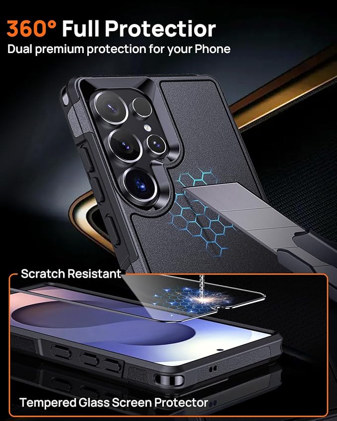 Lanhiem for Samsung Galaxy S25 Ultra Phone Case with Tempered Glass Screen Protector, Shock Absorption, Anti-Scratch Shockproof Case Cover for Samsung S25 Ultra, Black