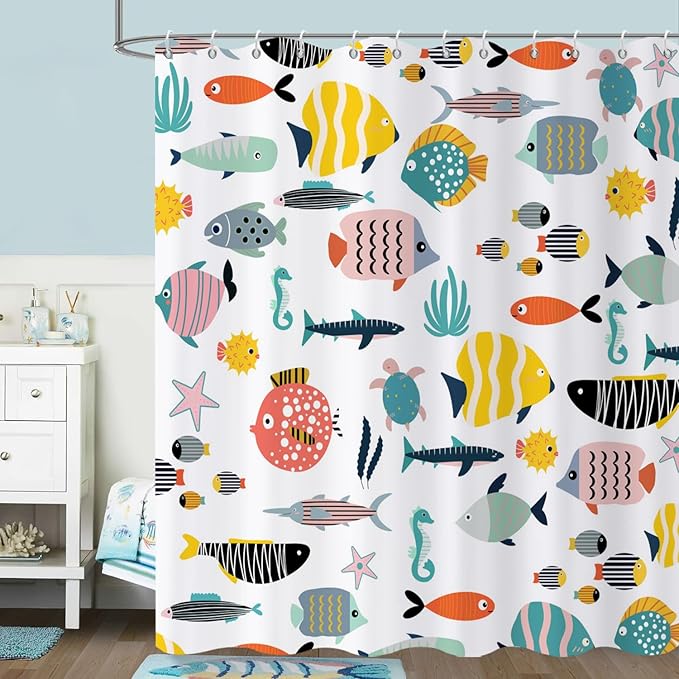 Kid Shower Curtain, Colorful Cartoon Tropical Fish Ocean Beach Theme Bath Curtain Waterproof Fabric Machine Washable with Hooks, 36" Wx72 L