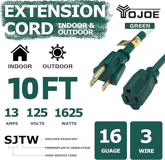 YOJOE Indoor Outdoor Extension Cord, 3 Prong 13A Weatherproof Power Cord, 16 Gauge Heavy Duty 10 ft Green Extension Cord for Garage, Garden and Home, 16/3 SJTW UL Listed