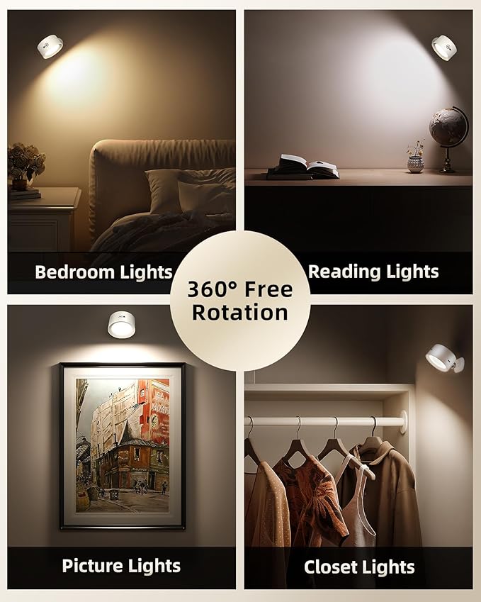 LED Wall Mounted Lights, Rechargeable Wall Sconces Lamp, 3 Color Temps & Remote and Touch, 360° Rotation Dimmable Cordless Wall Light for Study Bedroom Reading Bedside(White, 2 Pack)