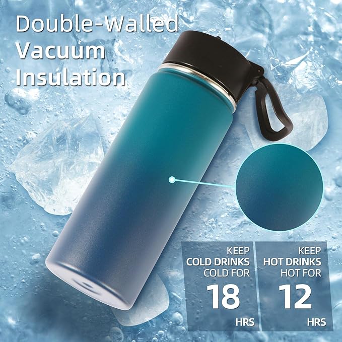 Volhoply 18oz Insulated Water Bottle Bulk 4 Pack,Kids Stainless Steel Water Bottles with Straw Lid,Double Wall Vacuum Reusable Metal Cups,Wide Mouth Sports Flask Keep Hot and Cold(Dark Night,4 Set)