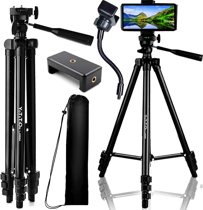65" Aluminum Phone & Camera Tripod with Gooseneck Stand, Extendable Cell Phone Tripod Stand Compatible with iPhone/Android/Action Camera is Perfect for Live Streaming/Video Recording/Selfies