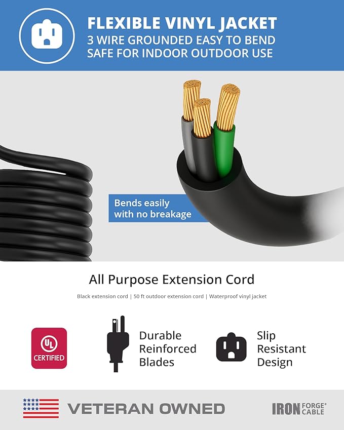 Iron Forge Cable Black Outdoor Extension Cord 50 ft, 16/3, 50 Foot Outdoor Extension Cord, 3 Prong, Weatherproof - Great for Outside Use