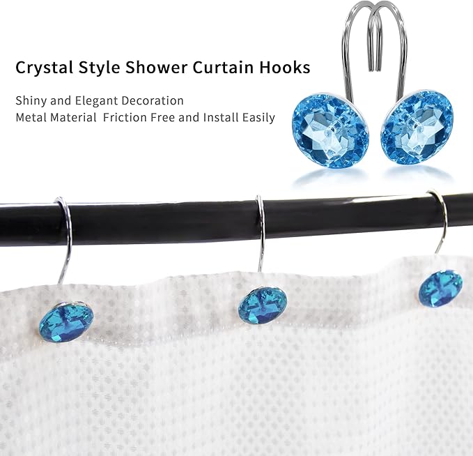 MitoVilla Blue Shower Curtain Hooks Rings, Metal Shower Hooks for Shower Curtain Liner, Blue Rust Proof Shower Rings for Curtain Accessories and Bathroom Shower Rod, 12 Pack Bathroom Set