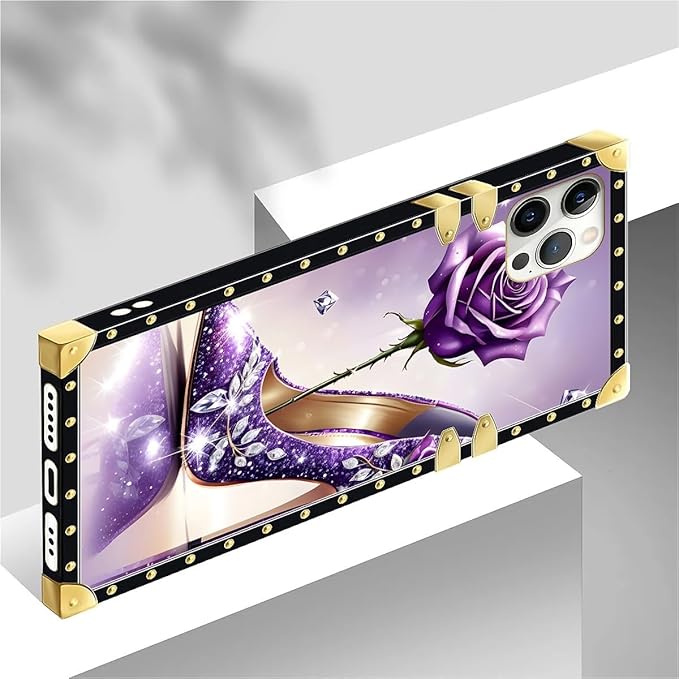 Compatible with iPhone 12 Pro Max Case, High Heeled Purple Diamond Rose Luxury Golden Decoration for Girl Women Soft TPU Shockproof Protective Hard PC Back for iPhone 12 Pro Max