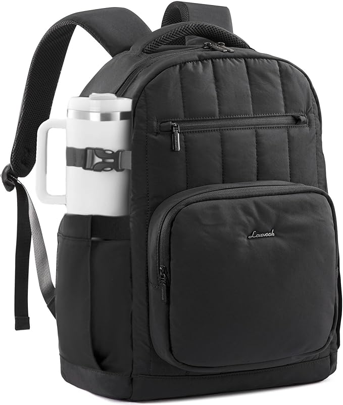 LOVEVOOK Laptop Backpack for Women with Giant Tumbler Holder Pocket,15.6 Inch Puffer Travel College Work Backpack Purse for Teacher Nurse,Waterproof Laptop Bag Computer Back Pack Casual Daypack,Black
