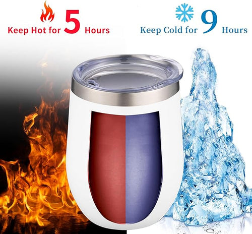 12oz/4 Pack Wine Tumbler Glasses with Lid Stemless Double Wall Vacuum Stainless Steel Travel Tumbler Keeping Cold & Hot for Wine,Coffee,Cocktails,Christmas Drinks-Family and Gifts(4 pack-White)