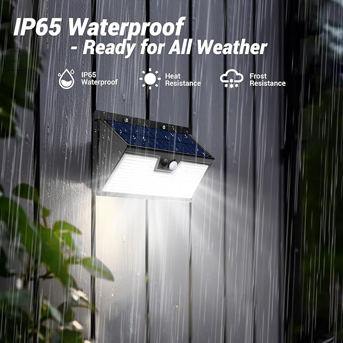 vighep Solar Motion Lights Outdoor, 318 LED Waterproof Fence Light Solar Powered with 3 Lighting Mode, Cold White LED Step Light for Outside Wall Yard Deck Stairs Garden - 1 Pack