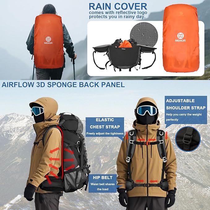 60L Hiking Backpack, Water Resistant Camping Backpack with Rain Cover, Large Lightweight Hiking Bag Outdoor Travel Daypack for Men Women, Black